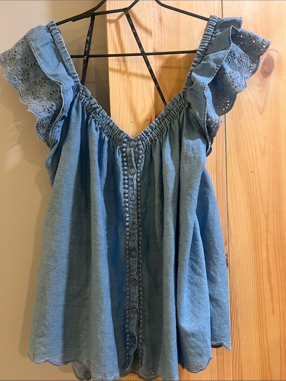 Jessica SimpsonLight Blue Eyelet Ruffle-Shoulder Button Front size 3x